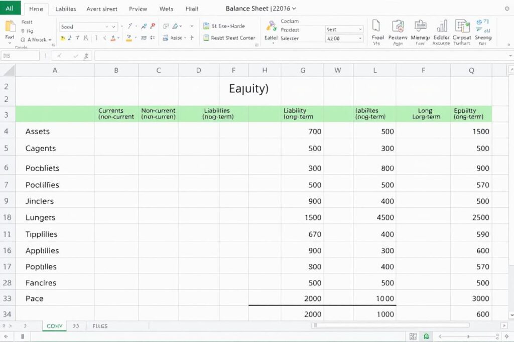 Balance Sheet Excel Template preview showing assets, liabilities, and equity sections