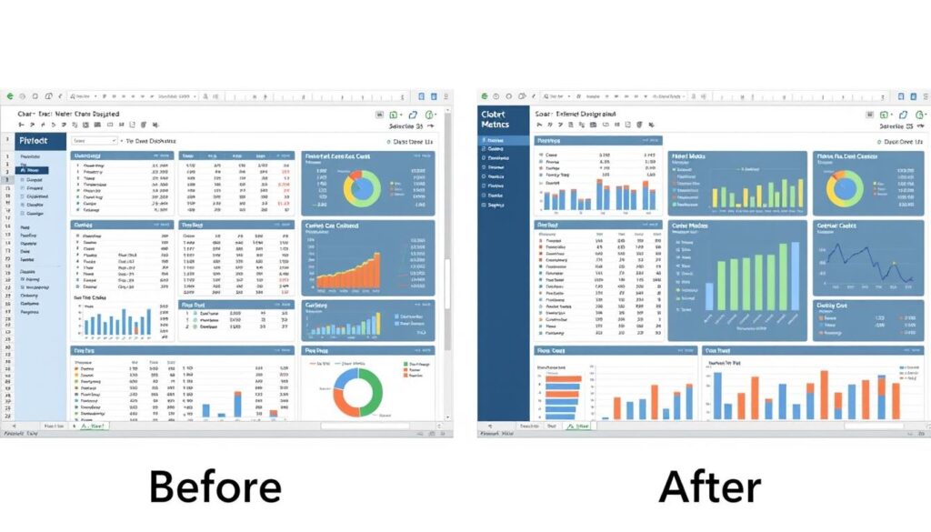Before and after comparison of financial dashboard design showing best practices implementation