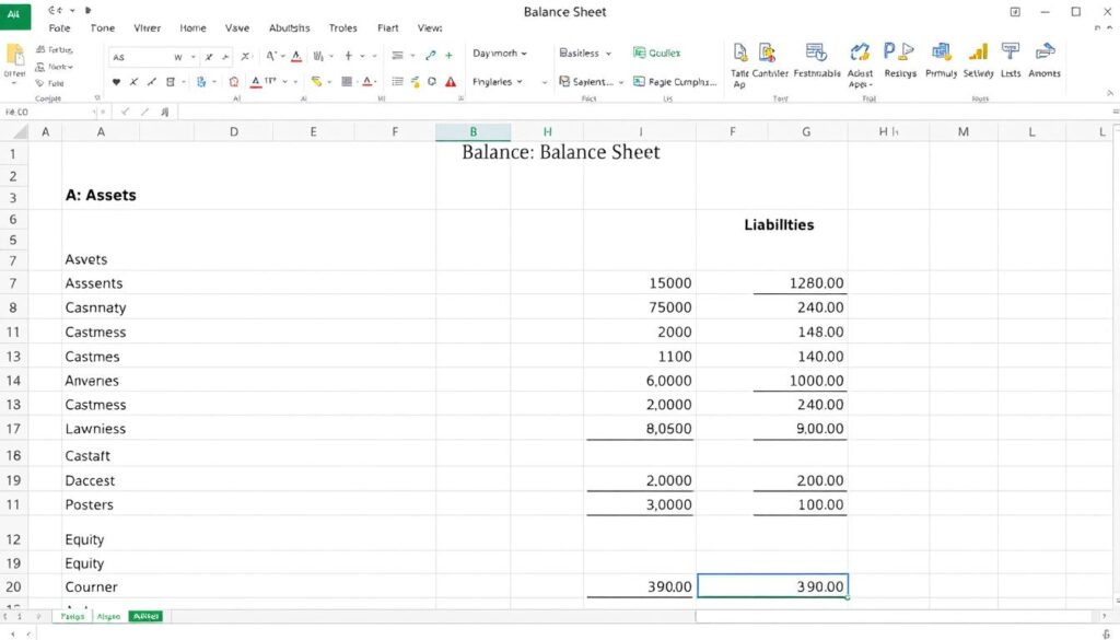 Business balance sheet Excel template showing assets, liabilities and equity sections