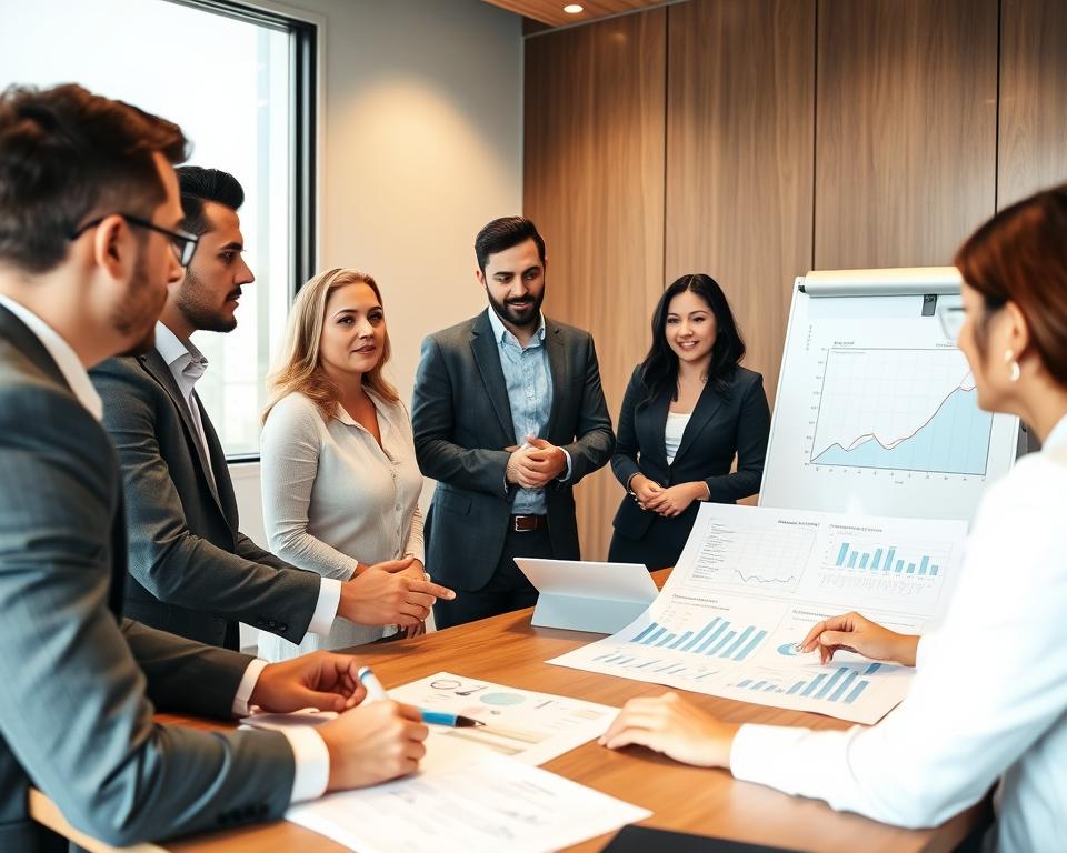 Business experts collaborating on qualitative financial forecasting