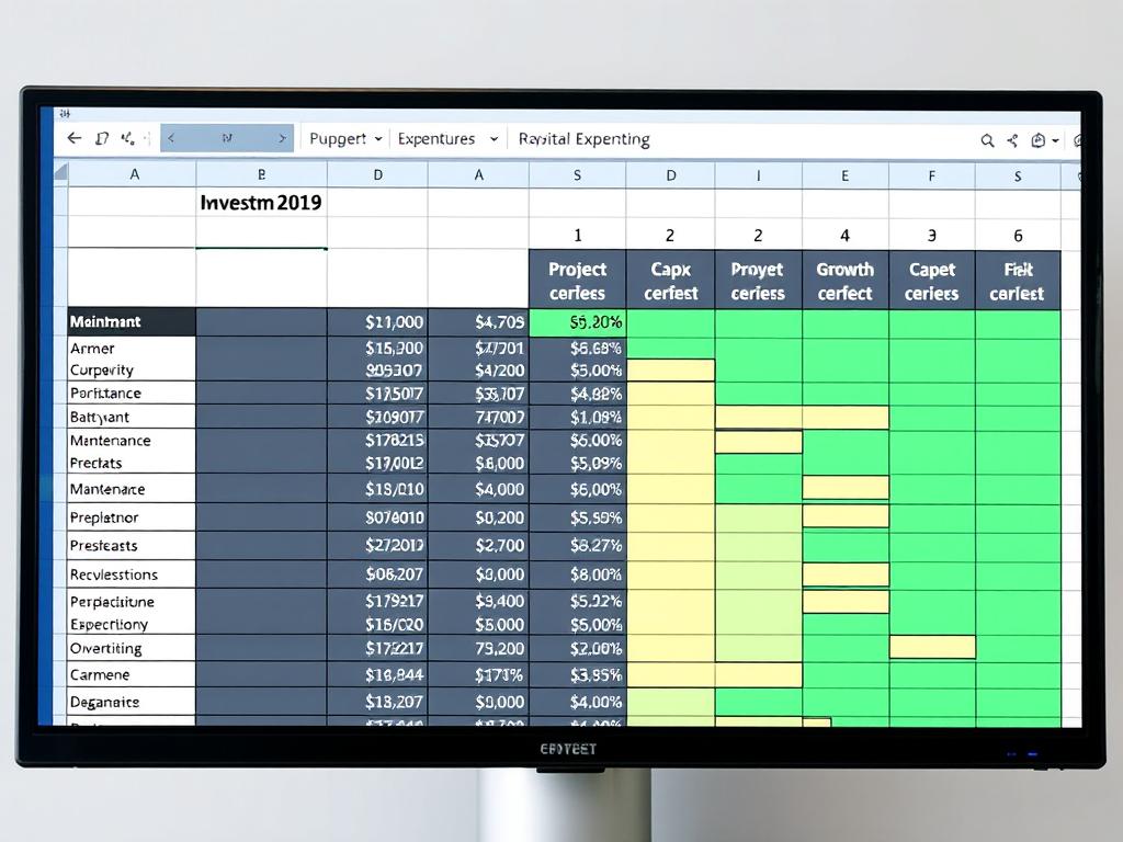 Business financial capital expenditure forecast in Excel showing investment categories