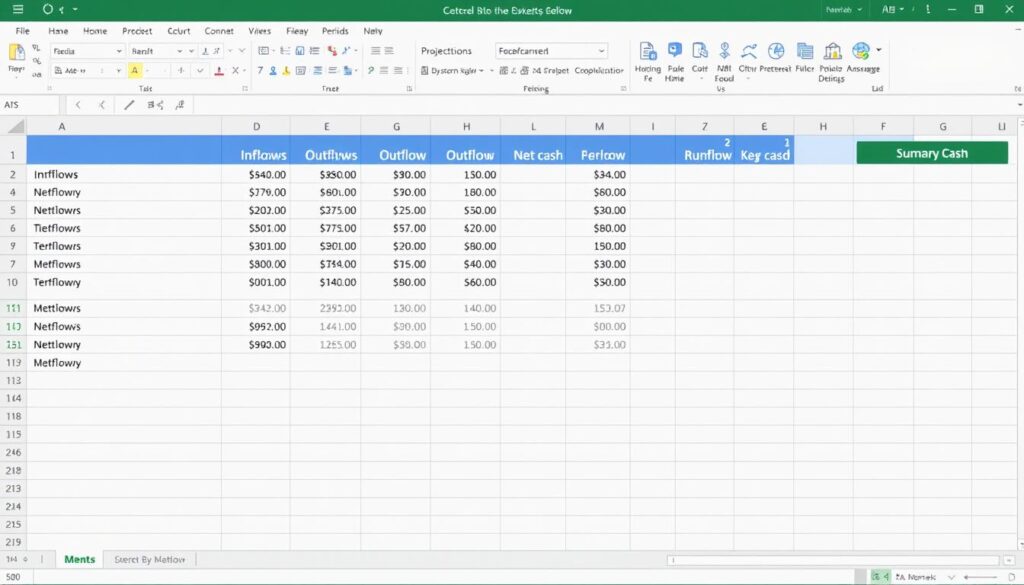 Business financial cash flow forecast model in Excel showing monthly projections