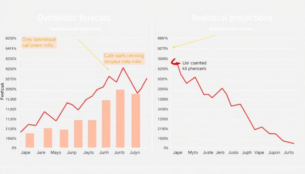 Business financial forecast comparison showing optimistic vs realistic projections