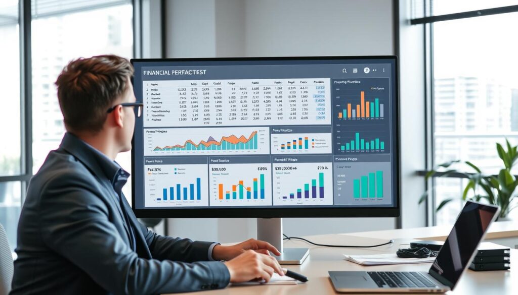 Business financial forecasting dashboard showing Excel model with charts and projections