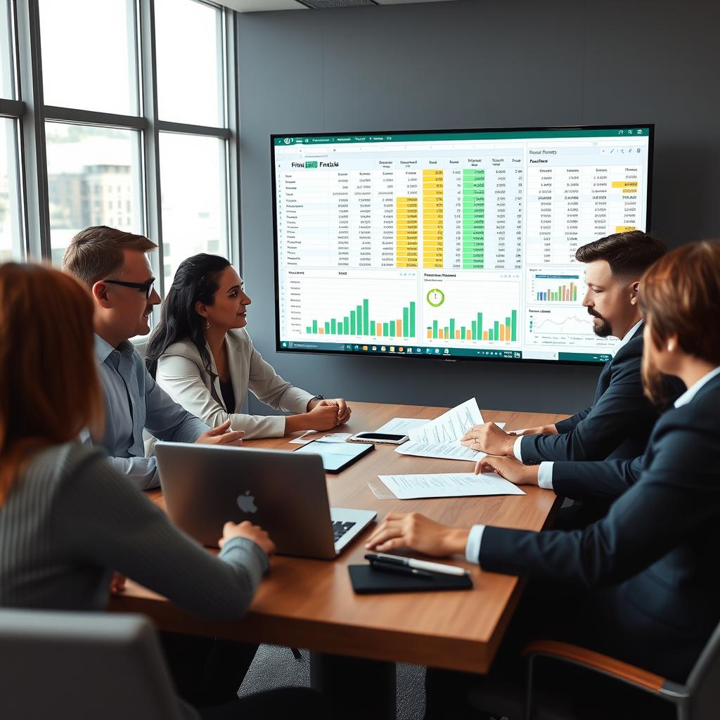 Business financial meeting with team analyzing Excel forecast models
