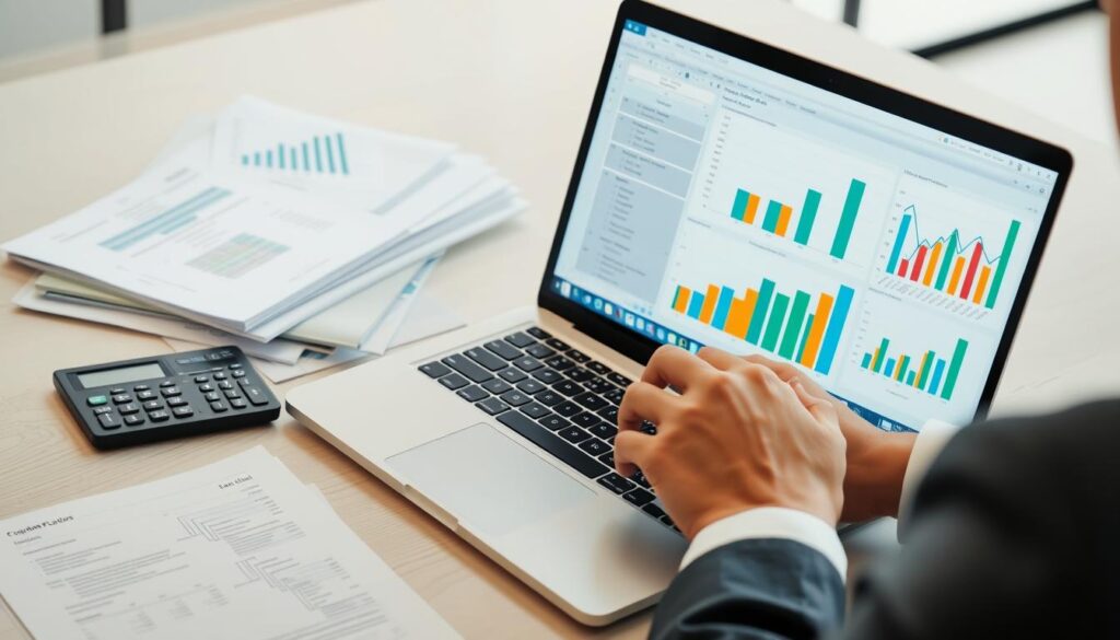 Business owner analyzing cash flow charts on laptop with business cash flow management excel template