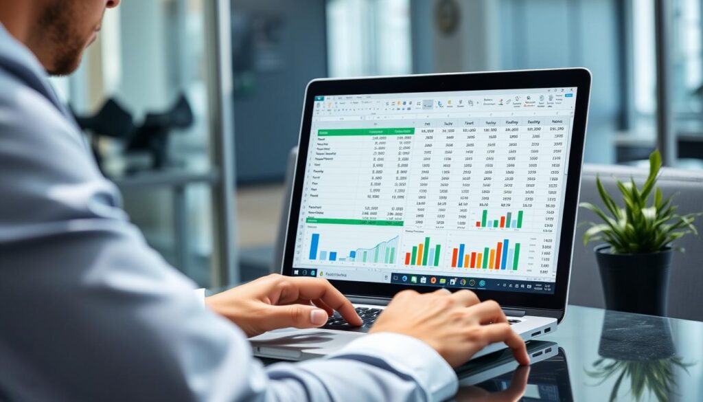 Business owner analyzing financial data on a business finance tracking spreadsheet