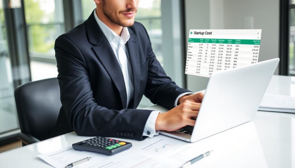 Business owner analyzing startup costs on Excel spreadsheet