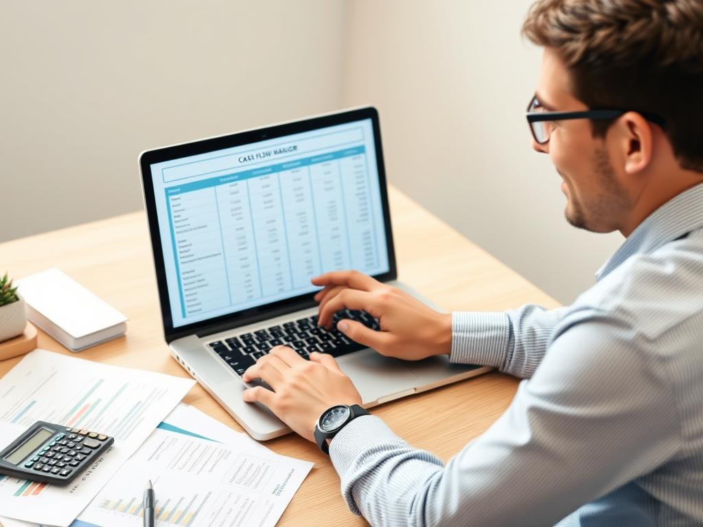 Business owner confidently managing finances with business cash flow management excel template