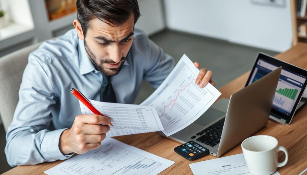 Business person reviewing financial projections and identifying errors in calculations