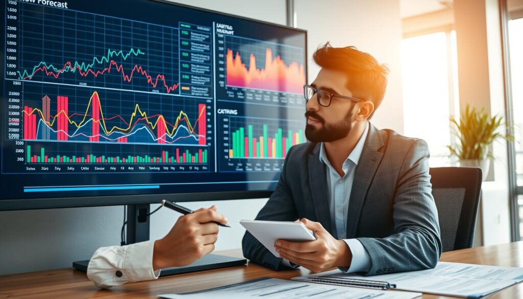 Business professional analyzing cash flow forecast charts