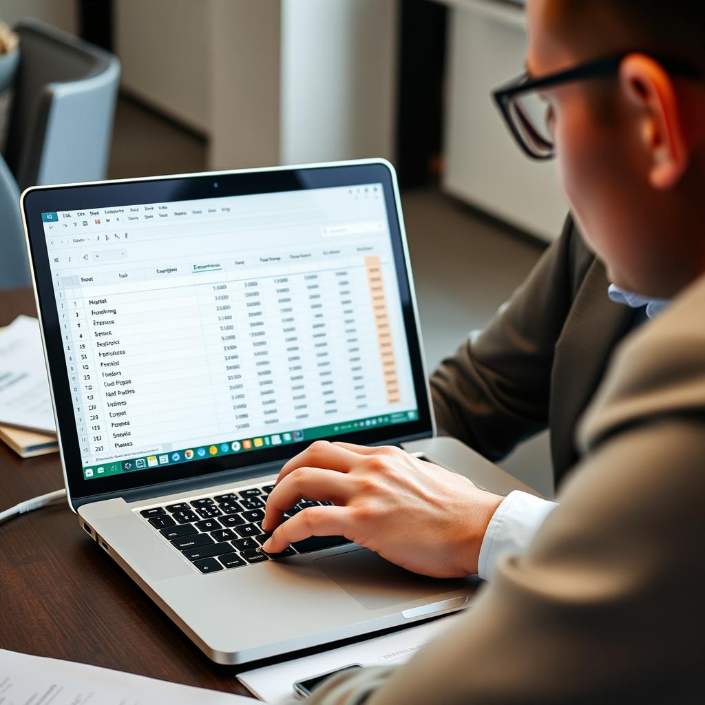 Business professional analyzing expense data on laptop with Excel spreadsheet open
