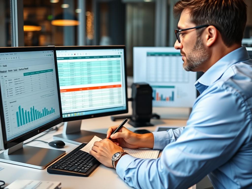 Business professional analyzing financial data using Excel balance sheet template
