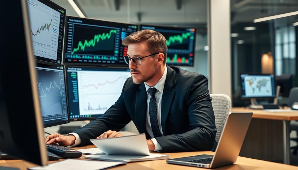Business professional analyzing financial forecasting data on computer screen