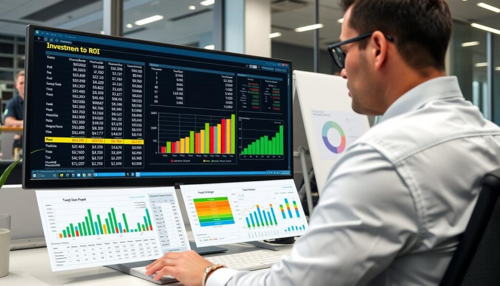 Business professional analyzing investment data in Excel with charts