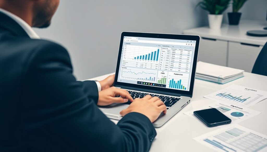 Business professional analyzing revenue projection charts on laptop with Excel spreadsheet open