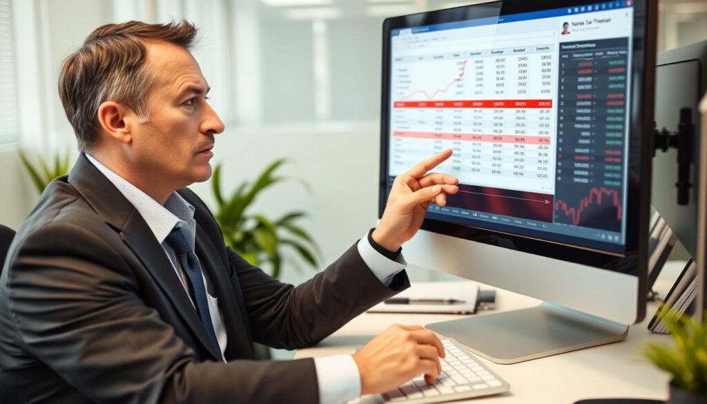 Business professional reviewing financial forecast errors