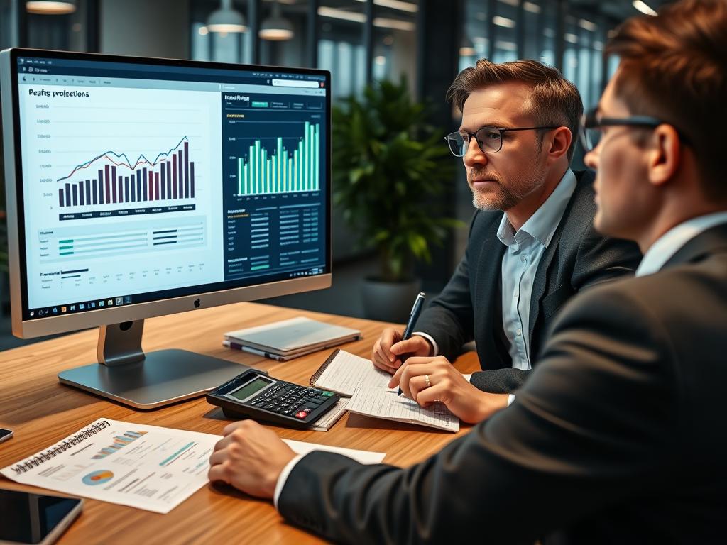 Business professional reviewing financial projections and answering questions