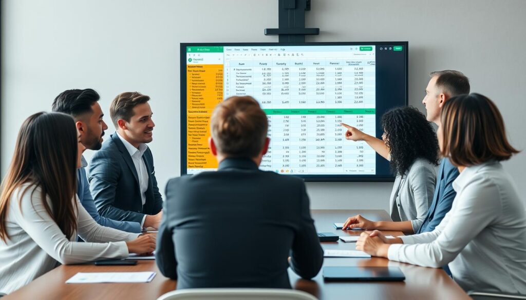 Business team evaluating investment data using Excel calculator