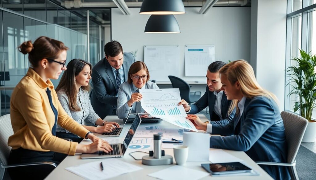 Business team implementing financial forecasting strategy