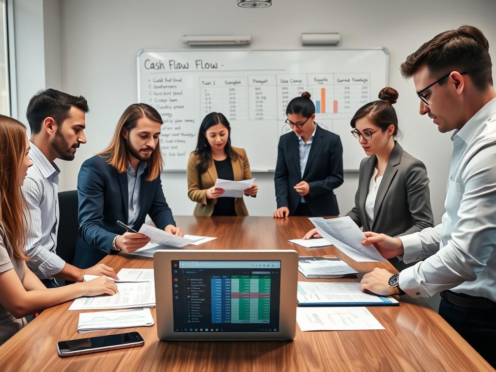 Business team reviewing cash flow strategy using business cash flow management excel template