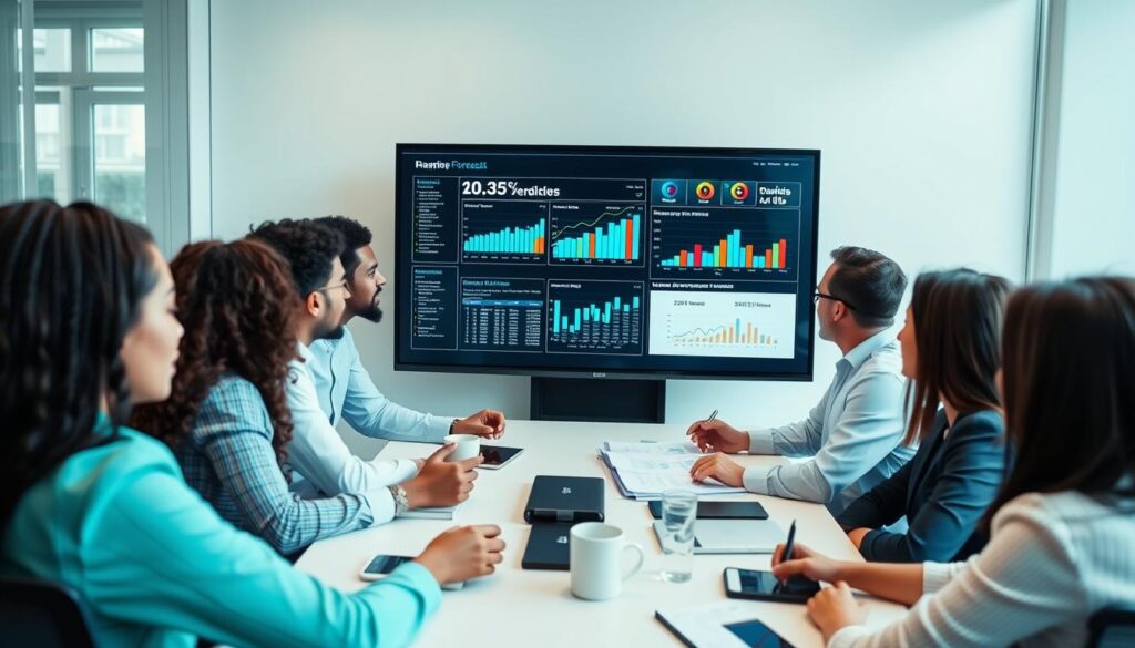 Business team reviewing financial forecasts in a meeting