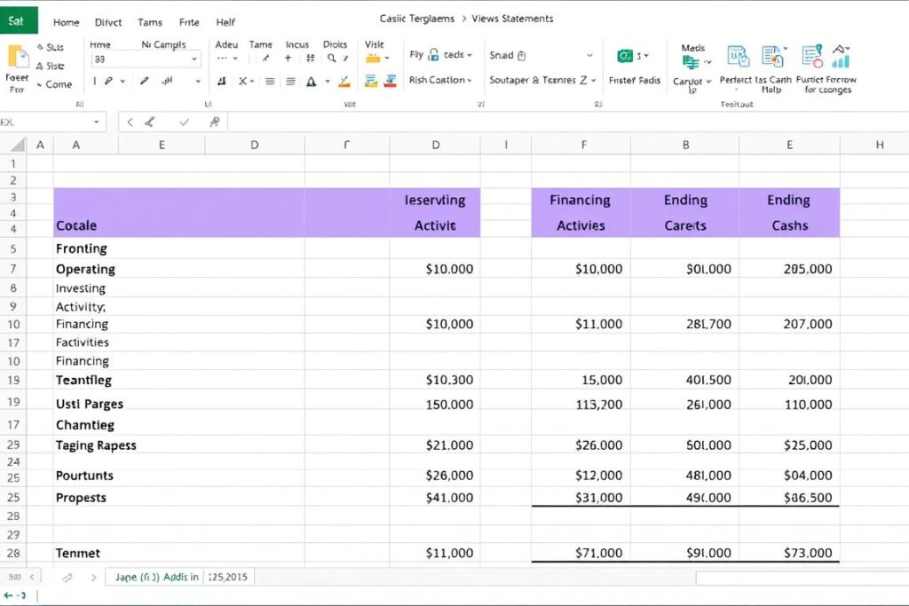 Cash Flow Statement Excel Template preview showing operating, investing, and financing sections