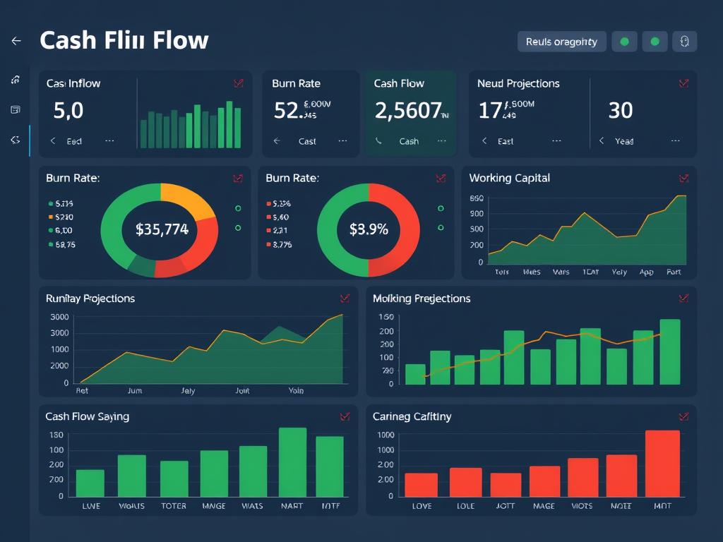 Cash flow dashboard in Excel with inflow and outflow charts and runway projections