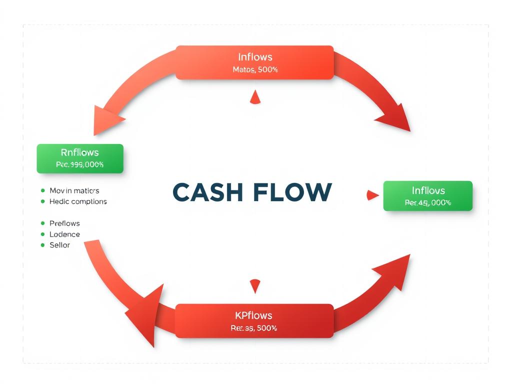 Cash flow diagram showing inflows and outflows with arrows and financial metrics