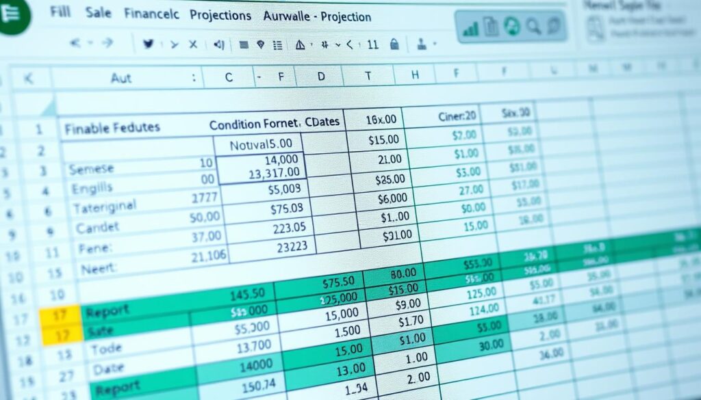 Excel automation features for financial projections showing formulas and data connections