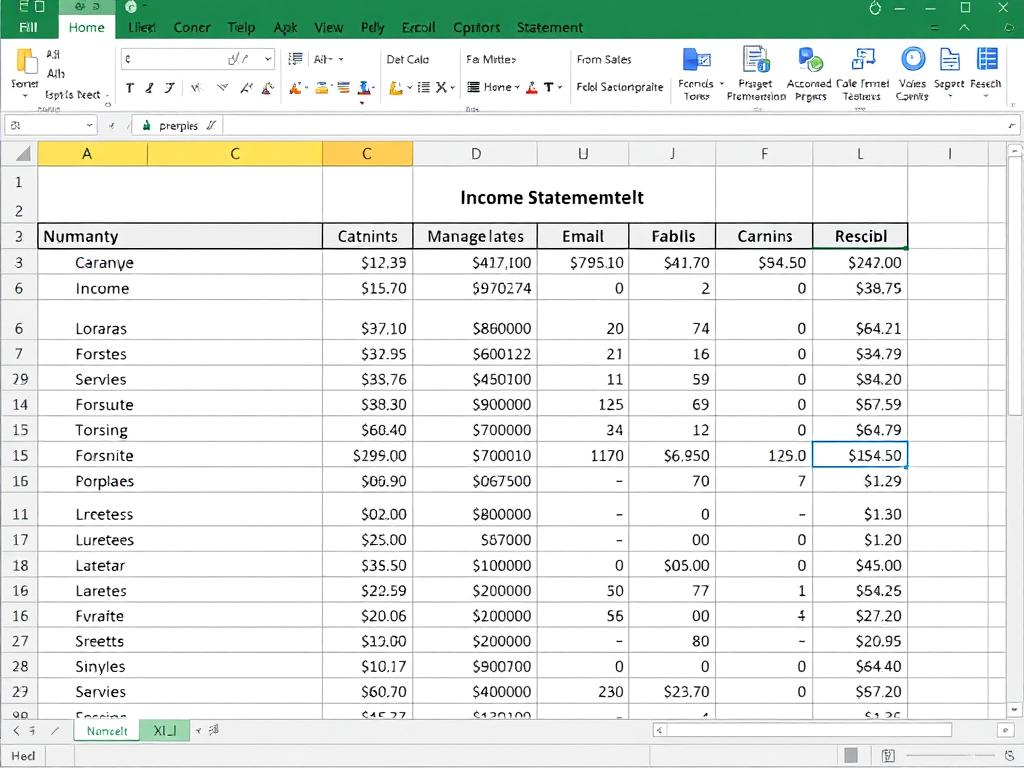 Excel spreadsheet showing a professional business income statement template with formulas visible