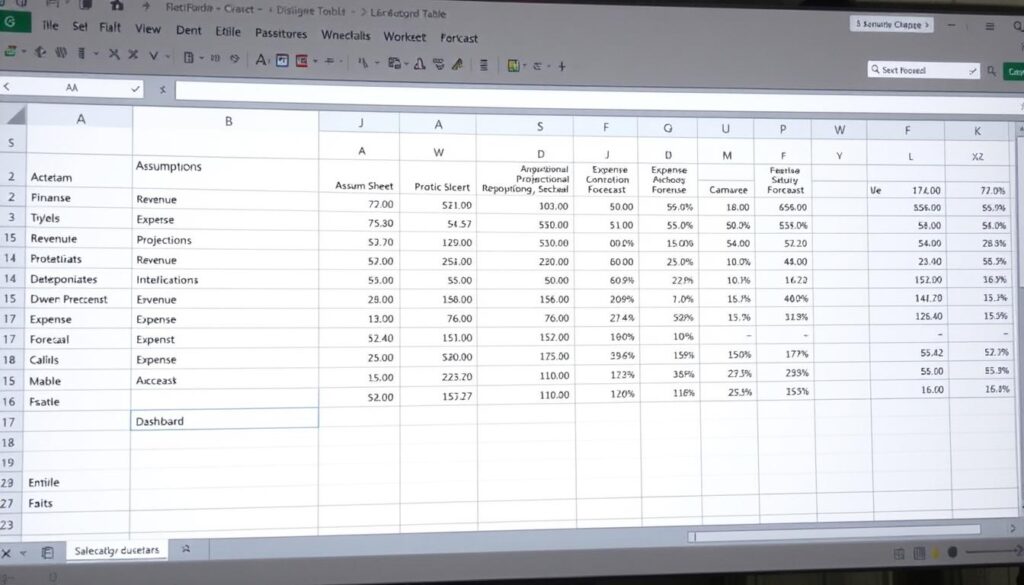 Excel spreadsheet showing business financial forecast model structure with multiple tabs