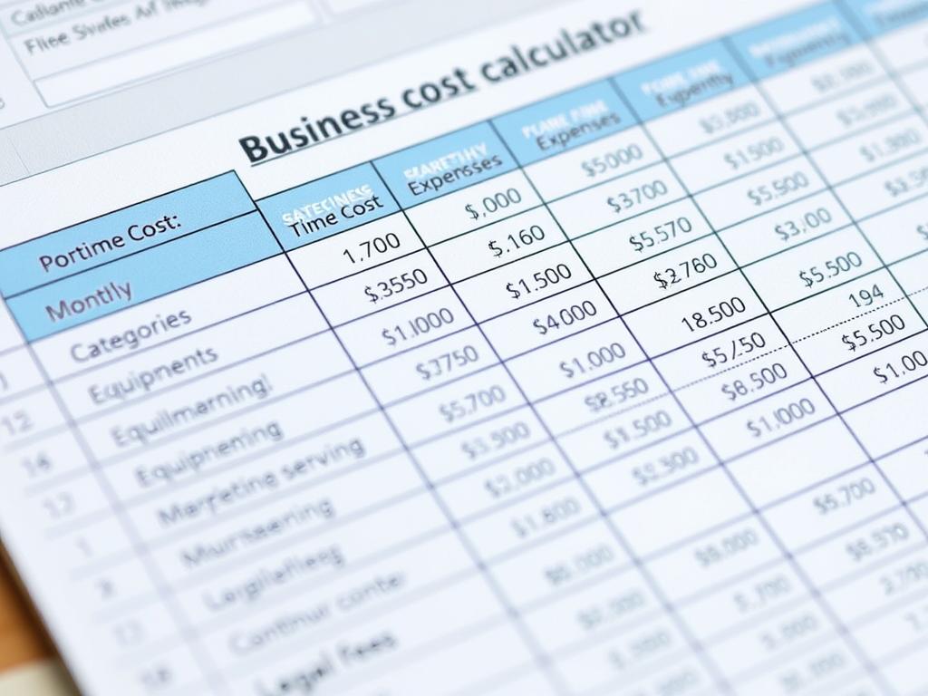 Excel spreadsheet showing business startup cost categories