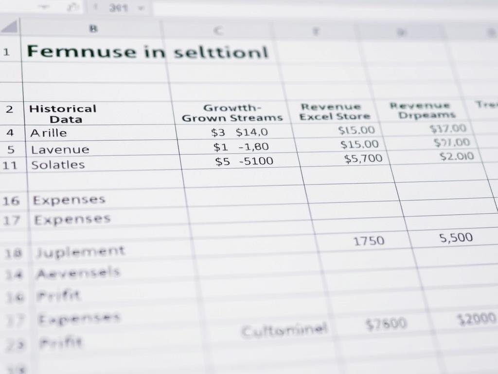 Excel spreadsheet showing key components of a revenue projection template with labeled sections