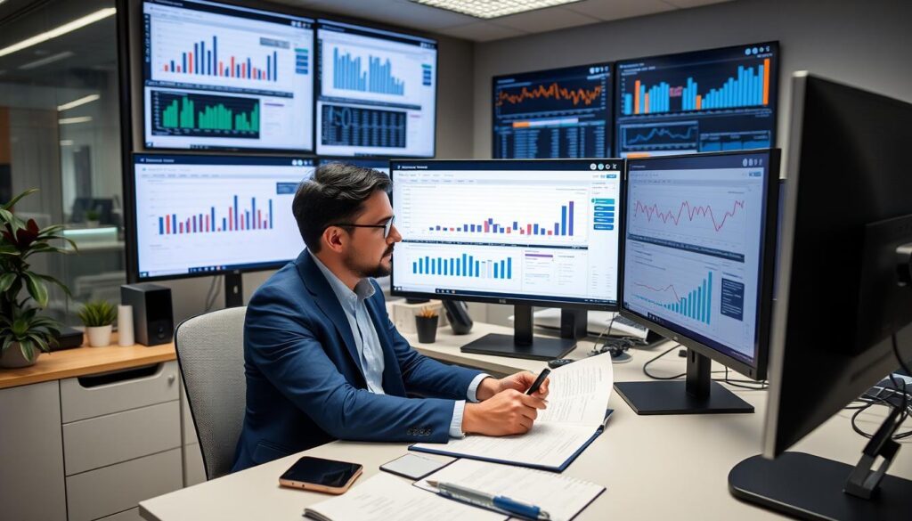 Financial analyst working on business forecast models