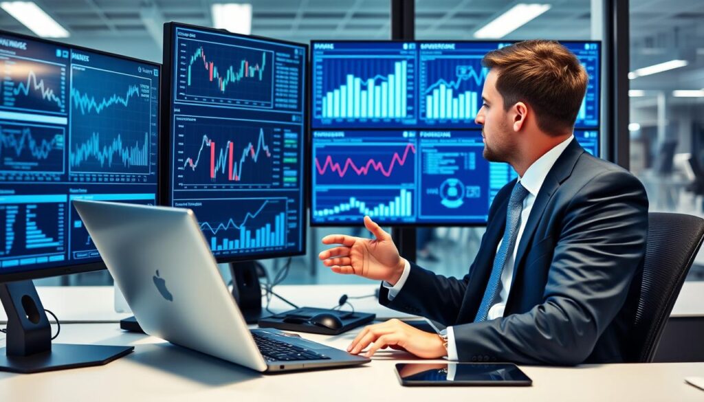 Financial business professional analyzing financial data on computer screens showing charts and graphs