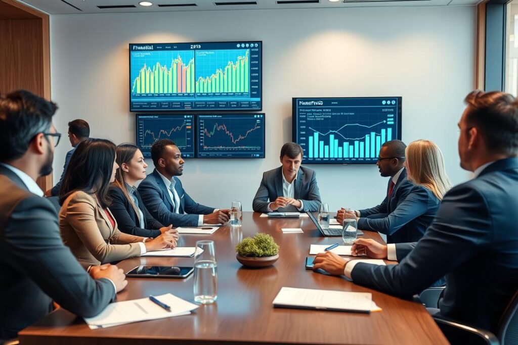 Financial business professionals in a meeting discussing funding strategies with charts