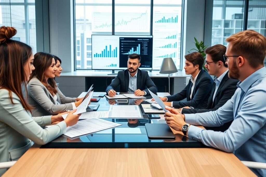 Financial business team collaborating on optimization strategy