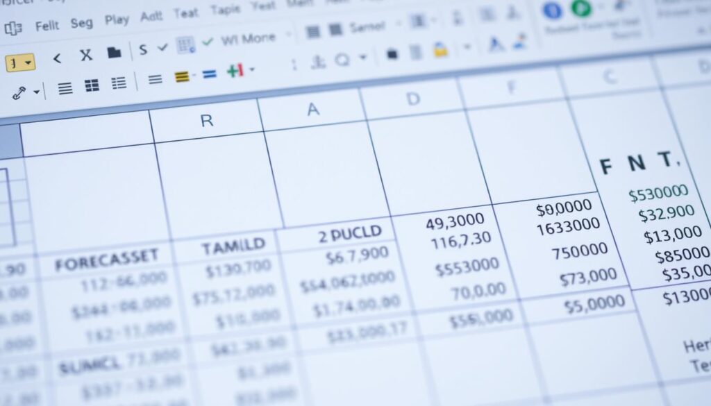 Financial forecasting formulas in a business finance tracking spreadsheet