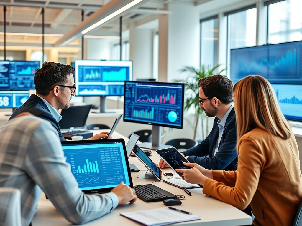 Financial professionals using technology solutions in modern office setting