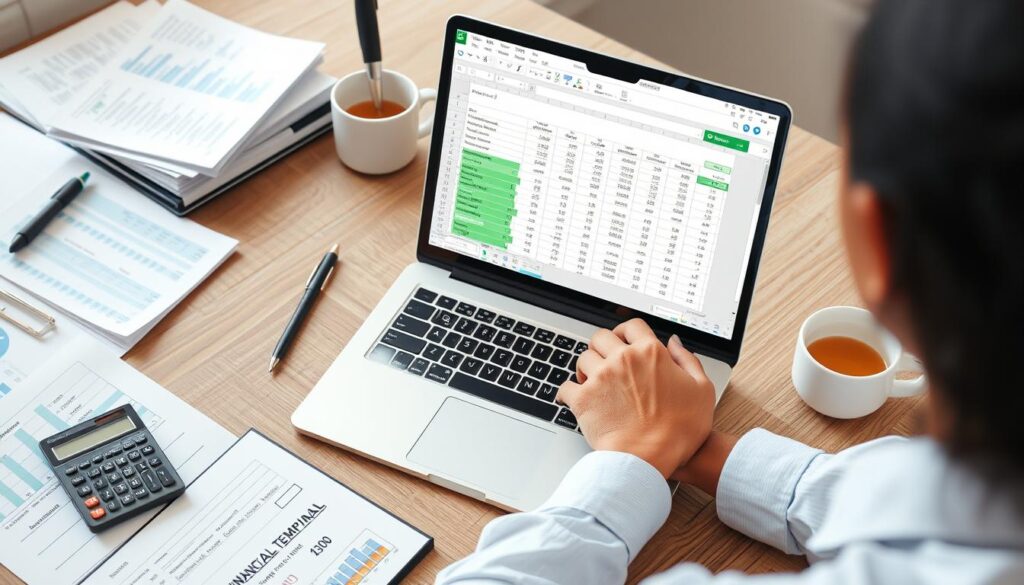 Person creating a custom Excel financial template on a laptop with financial documents nearby