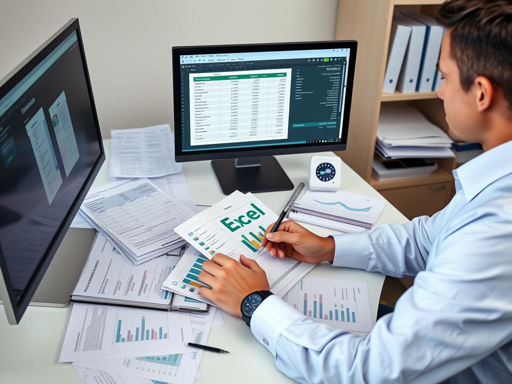Professional organizing financial documents and Excel spreadsheets at a desk