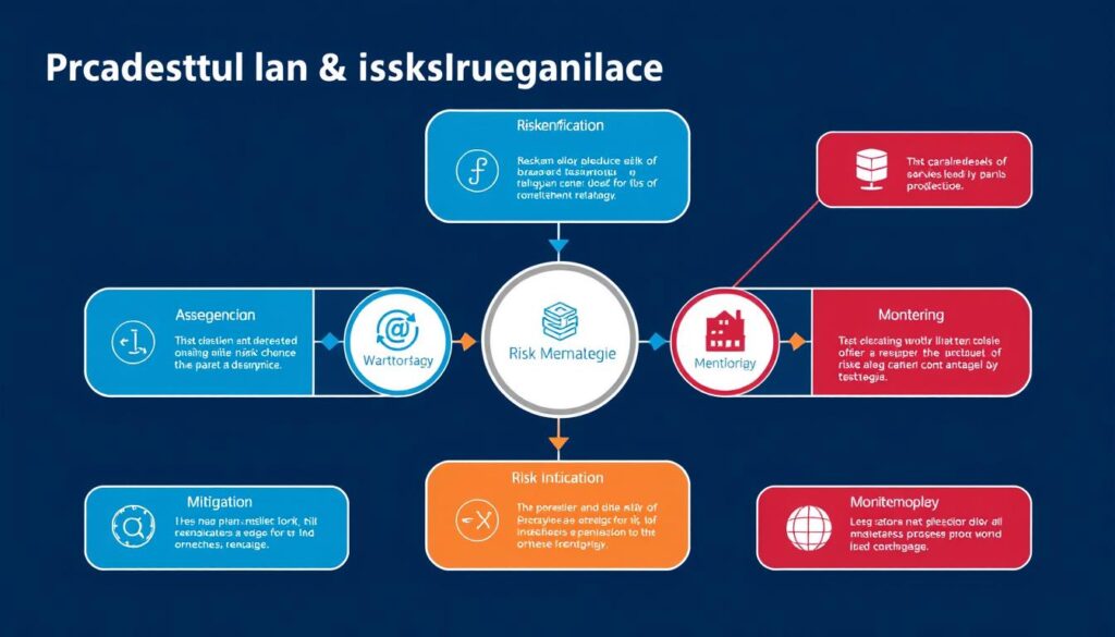 Risk management framework diagram showing identification, assessment, mitigation, and monitoring