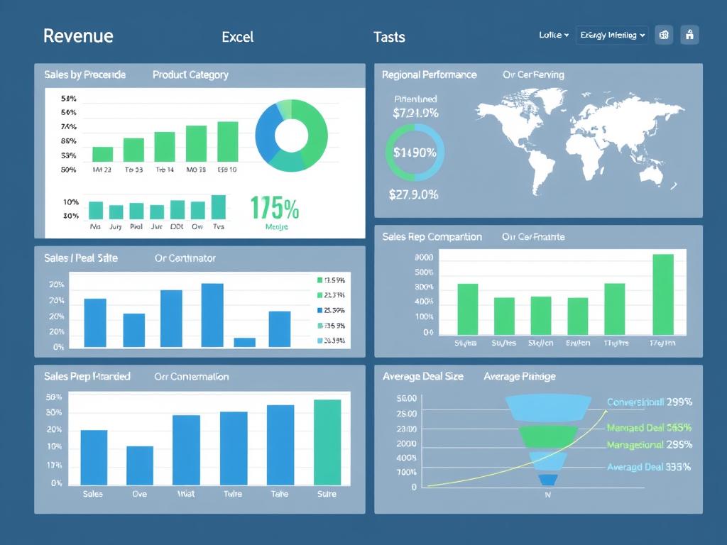 Sales performance dashboard in Excel showing revenue metrics and sales pipeline