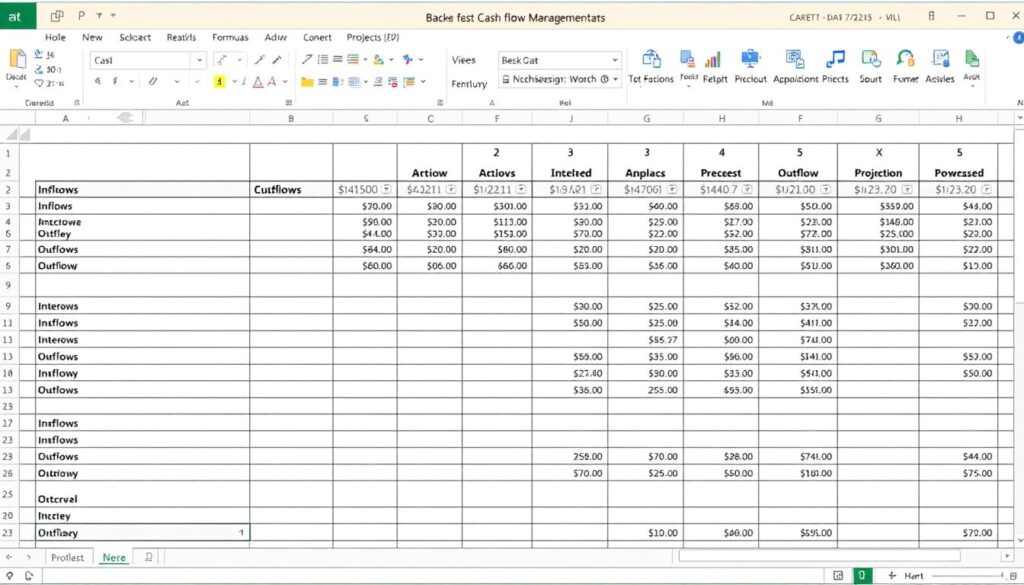 Screenshot of business cash flow management excel template showing key sections