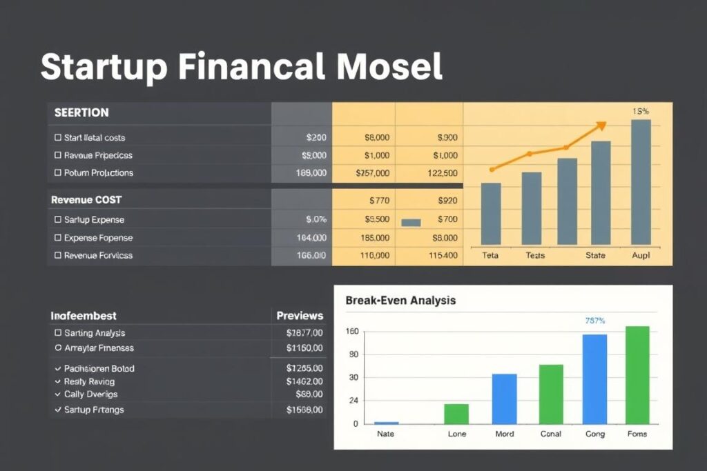 Startup Financial Model Template preview showing financial projections and breakeven analysis