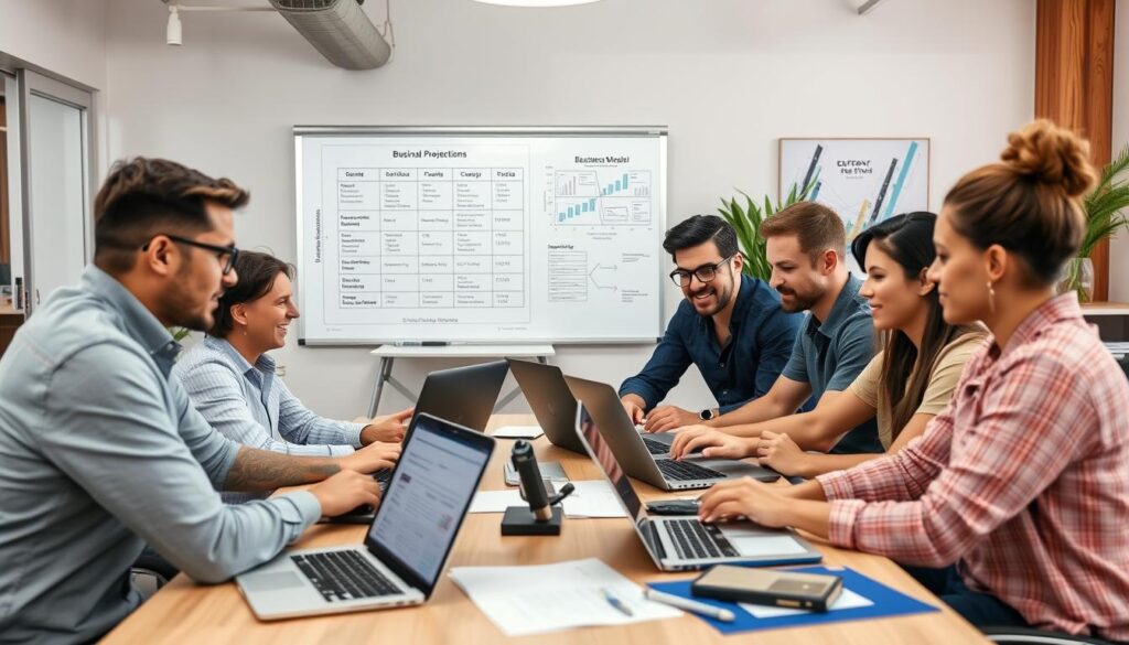 Startup team working on financial projections in a collaborative environment