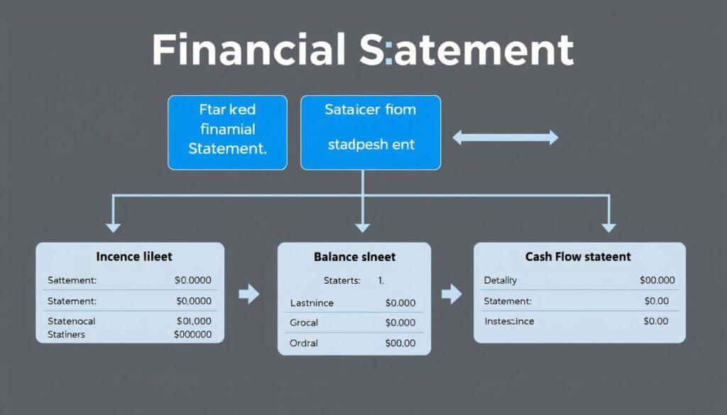 Three main financial statements diagram showing income statement, balance sheet, and cash flow statement