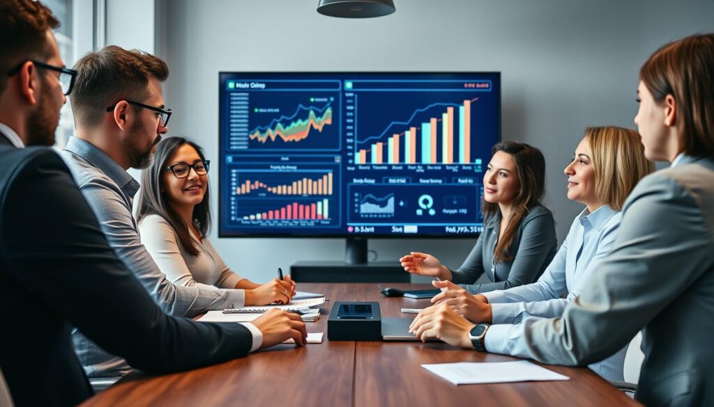 Business growth strategy meeting with financial projections