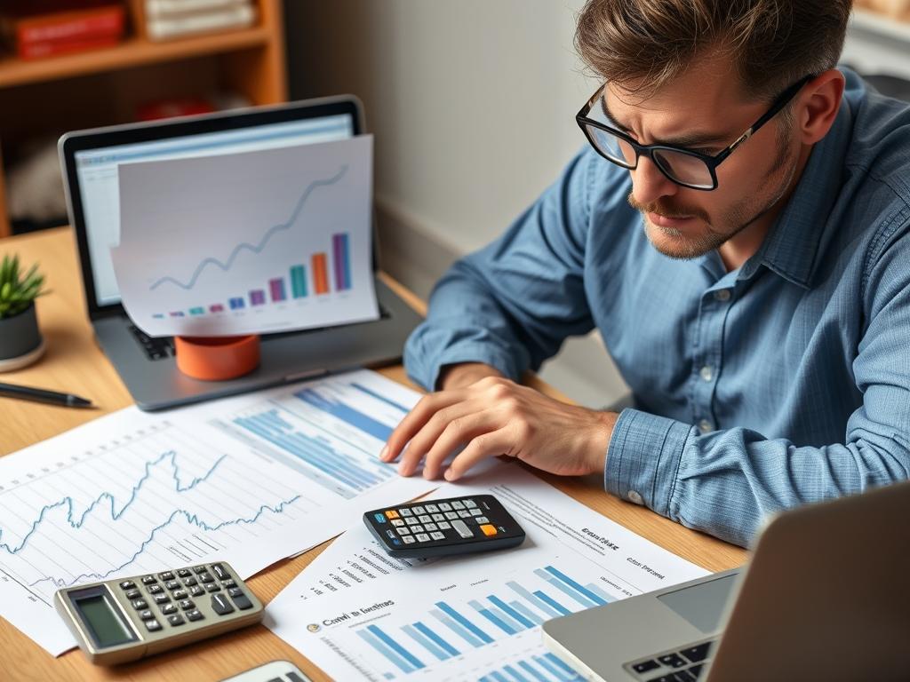 Business owner analyzing cash flow reports with graphs showing positive and negative cash flow trends Business owner analyzing cash flow reports with graphs showing positive and negative cash flow trends